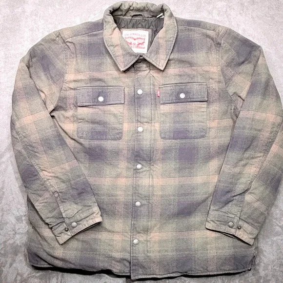 Levis Shirt Jacket Mens XXL Plaid Heavy Flannel Quilted Green Shacket Gorpcore - Picture 2 of 9